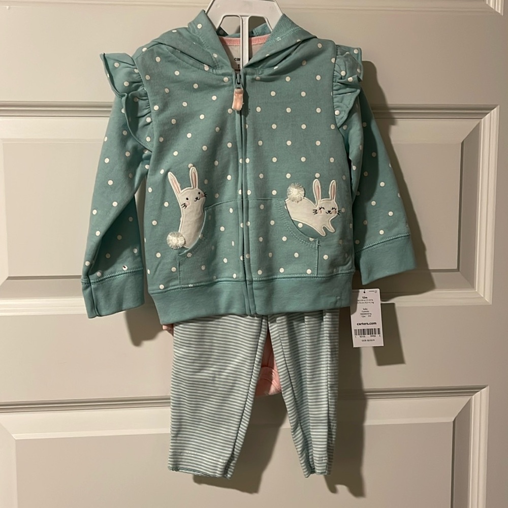 Carters Baby Girl 12M Hoodie Onesie Leggings Bunny Set